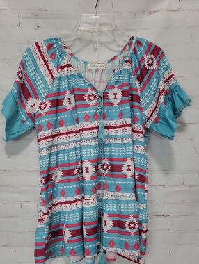 Southern Grace Turquoise, Pink & White Aztec-Print Short Sleeve Tunic